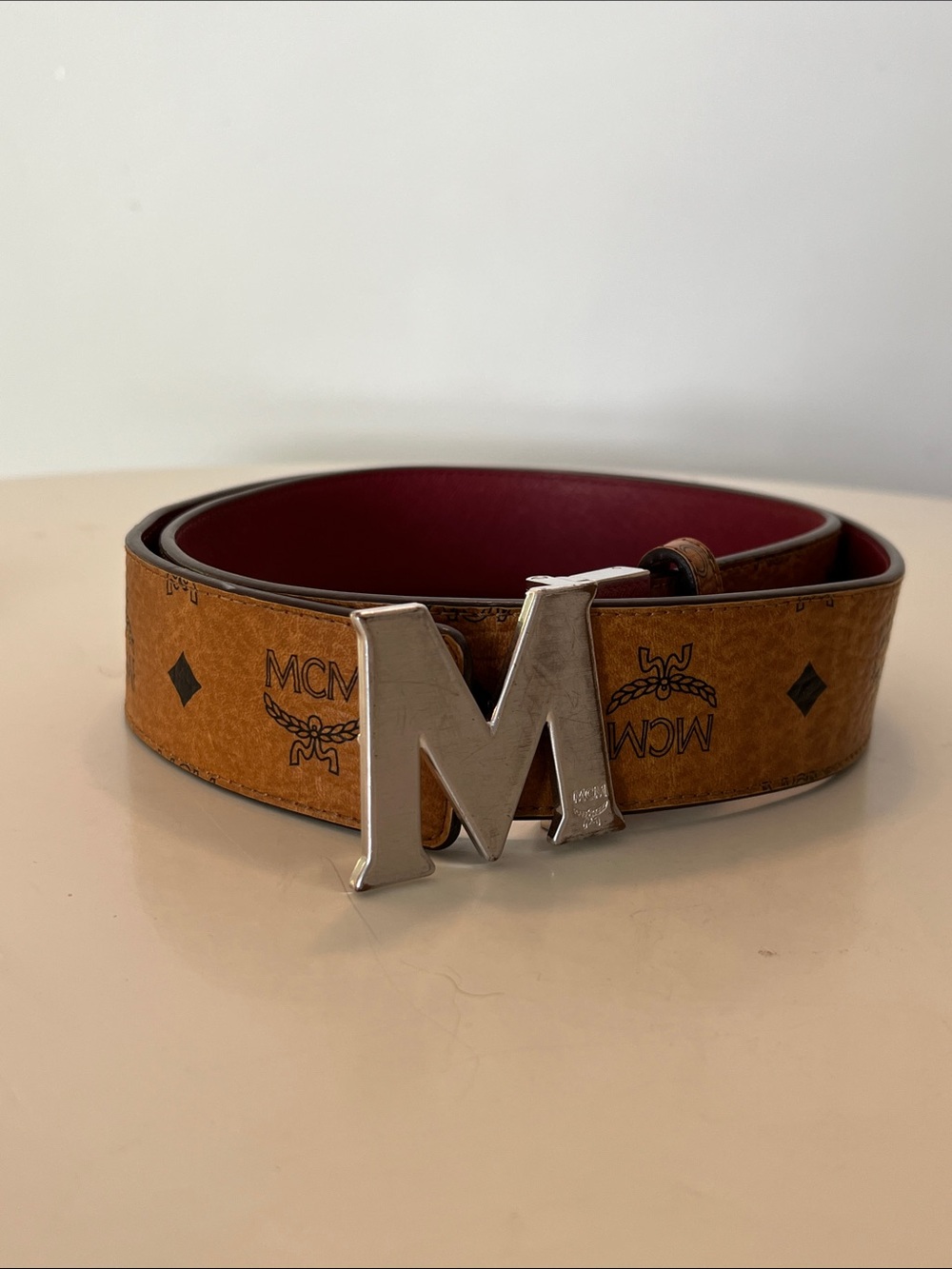 MCM Leather Belt with Red Interior and Silver M Buckle